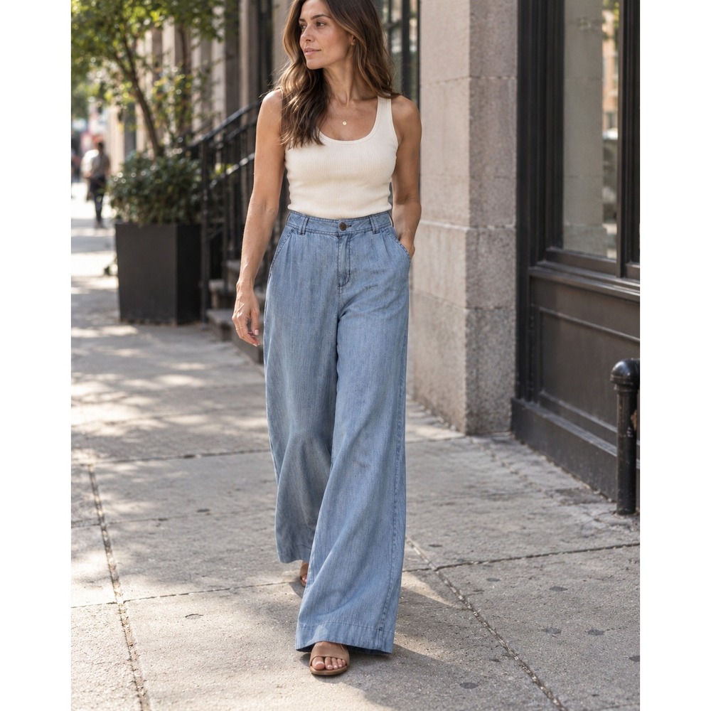 Sundance Blue Chambray Lyocell Linen High Rise Wide Leg Pants Trousers 8